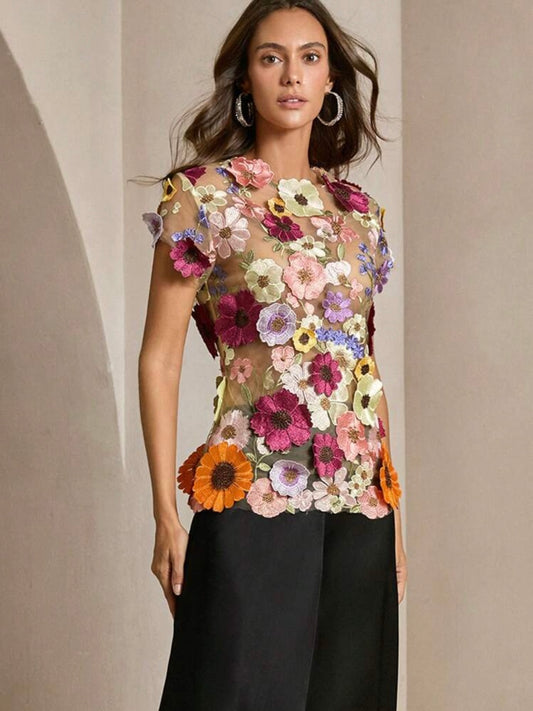 CM-TS941460 Women Elegant Seoul Style Textured Floral Embroidered Top With Multicolor Floral Applique