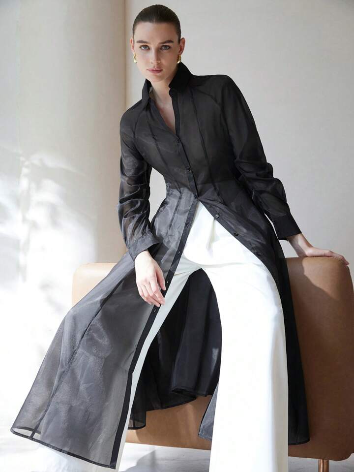CM-TS697247 Women Casual Seoul Style Translucent Textured V-Neck Long Sleeve Gathered Waist Shirtdress - Black