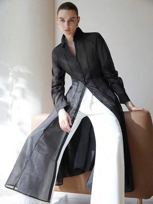 CM-TS697247 Women Casual Seoul Style Translucent Textured V-Neck Long Sleeve Gathered Waist Shirtdress - Black