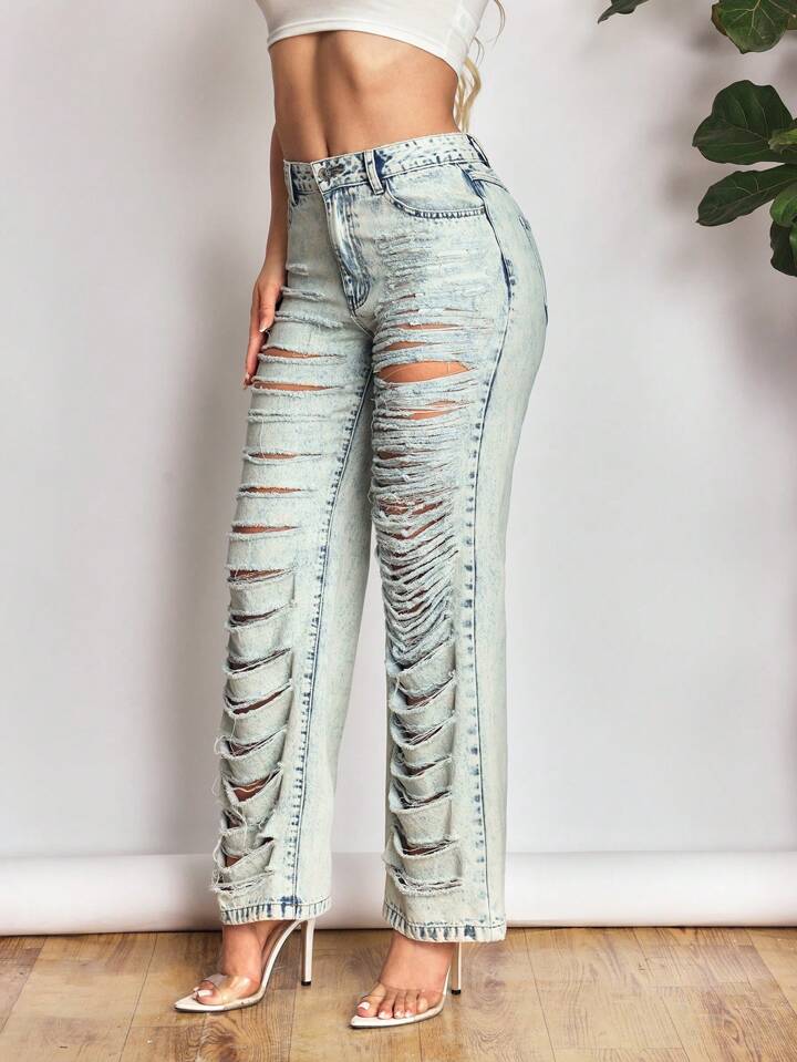 CM-BS445403 Women Casual Seoul Style Light Wash High Waist Distressed Straight Leg Jeans