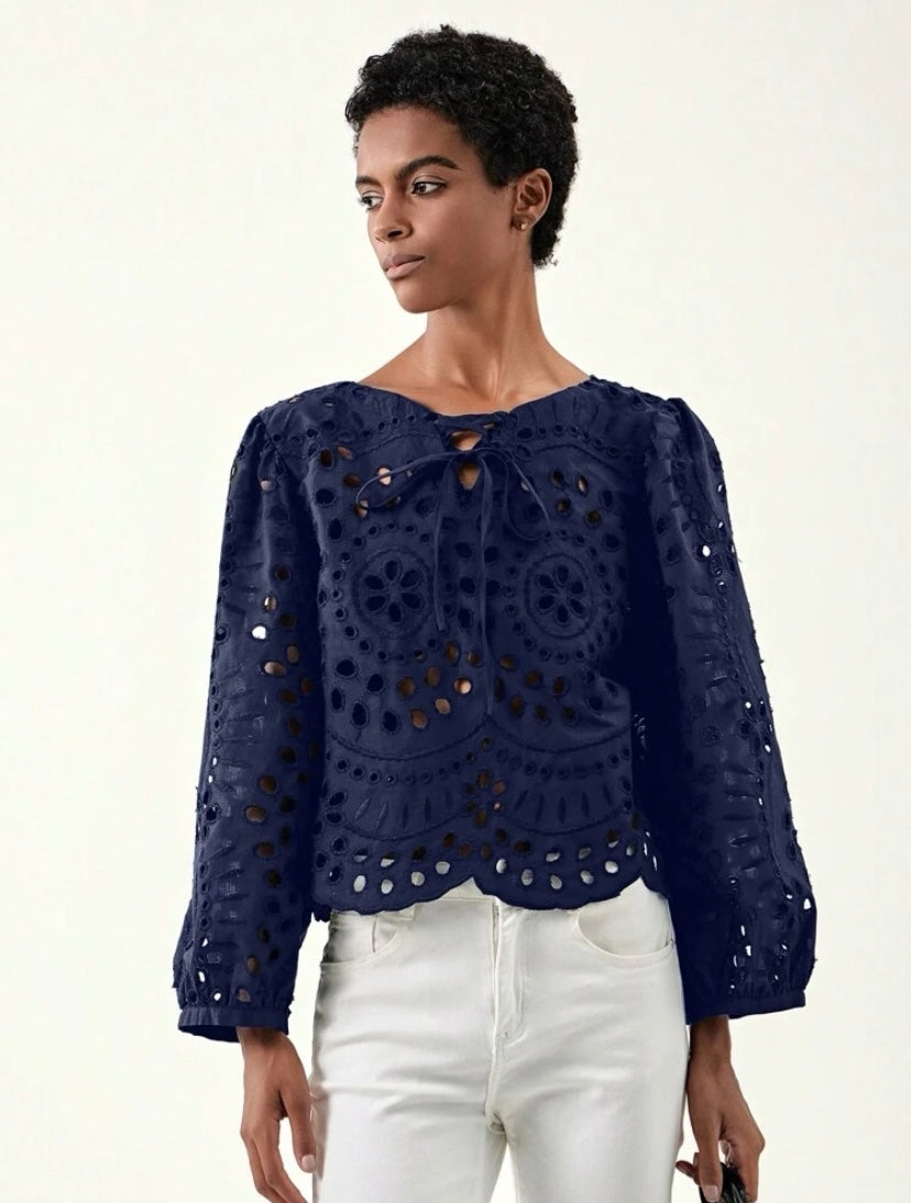 CM-TS121412 Women Trendy Bohemian Style Tie Neck Eyelet Embroidery Hollow Out Blouse