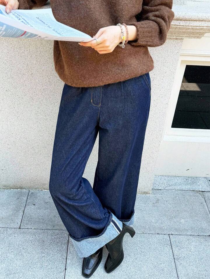 CM-BS937508 Women Casual Seoul Style Dark Wash Fleece Cuff Mid Waist Straight Leg Loose Jeans