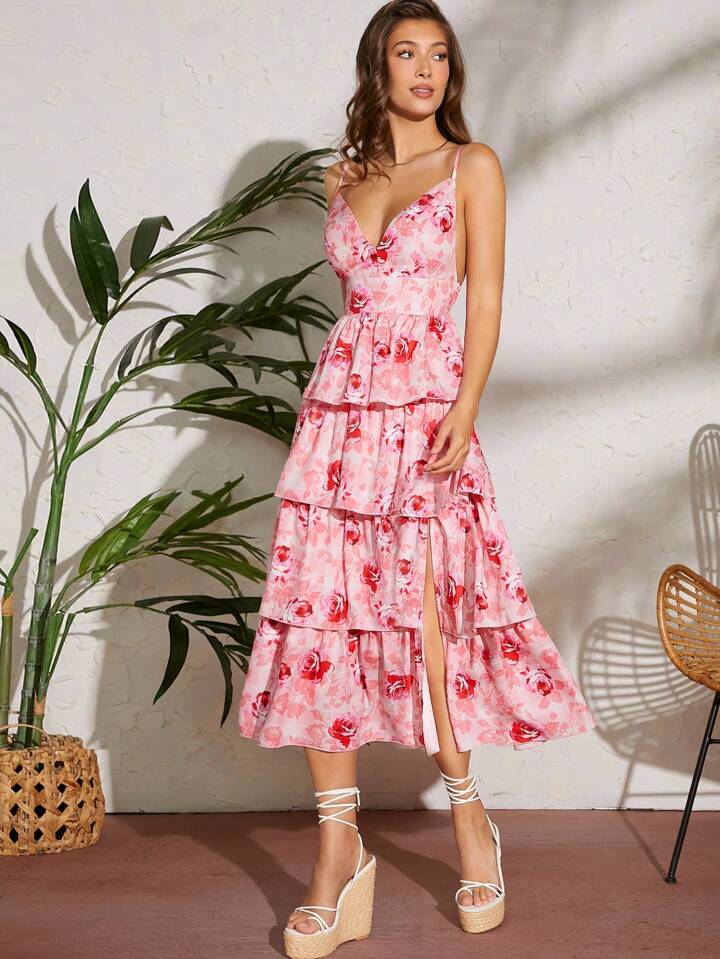 CM-DS071709 Women Elegant Seoul Style Floral Layered Ruffle Split High Waist Dress
