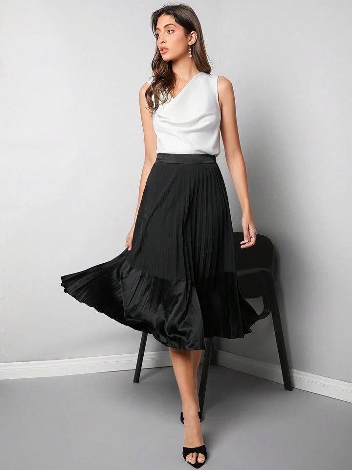 CM-BS614252 Women Elegant Seoul Style High Waist Long Pleated Skirt - Black