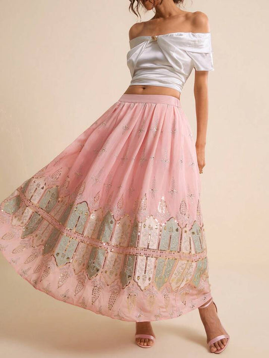 CM-BS058921 Women Elegant Seoul Style High Waist Bead Gold Thread Embroidery Chiffon Maxi Skirt - Pink