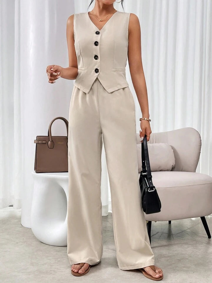 CM-SS195567 Women Casual Seoul Style V-Neck Sleeveless Single Breasted Suit Vest With Long Pants - Apricot