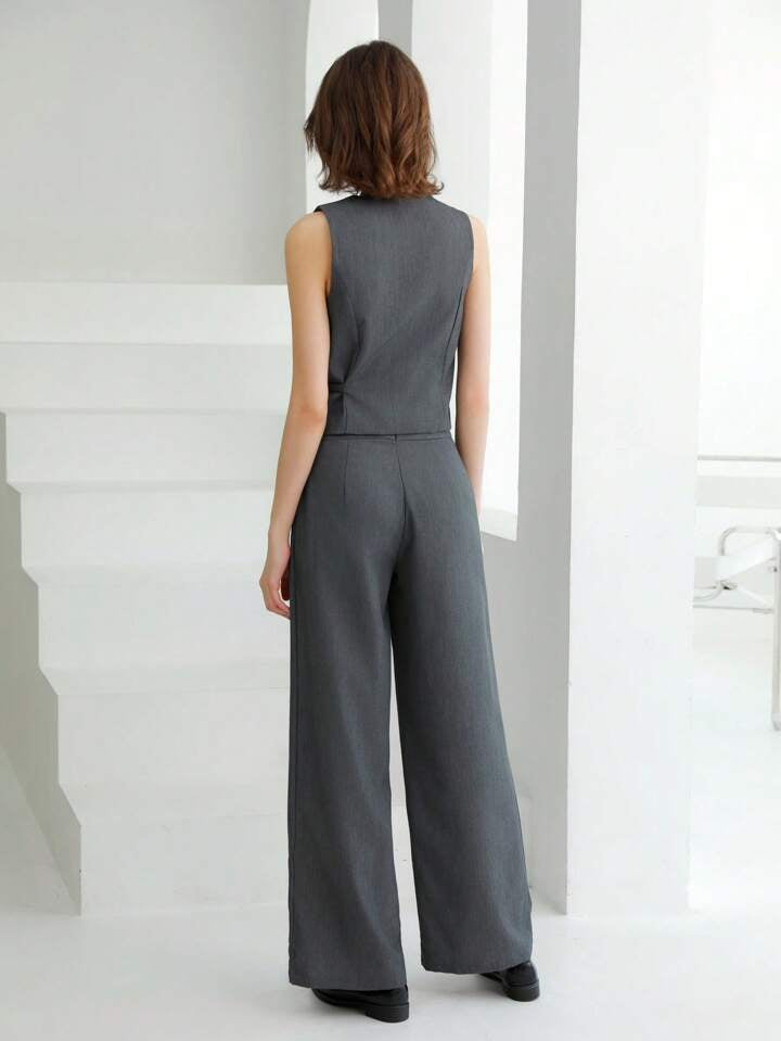 CM-SS221120 Women Elegant Seoul Style Sleeveless Vest With Pleated Straight-Leg Pants Suit - Gray