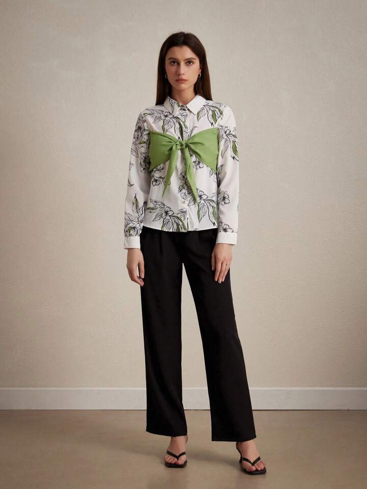 CM-TS881728 Women Casual Seoul Style Random Printed Bow-Tie Long Sleeve Shirt