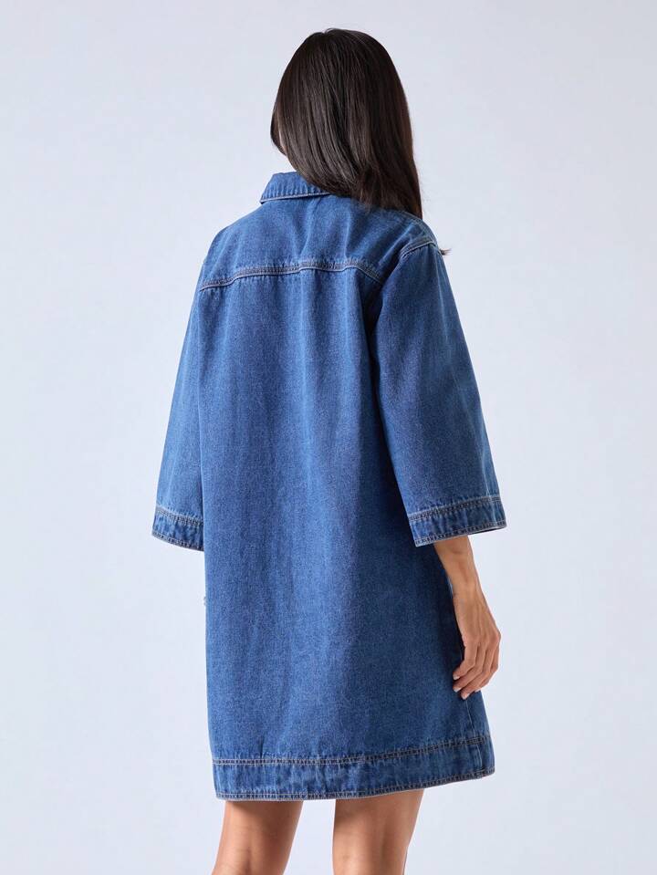 CM-DS233229 Women Casual Seoul Style V-Neck Half Sleeve Mid Waist Loose Mini Denim Dress - Blue