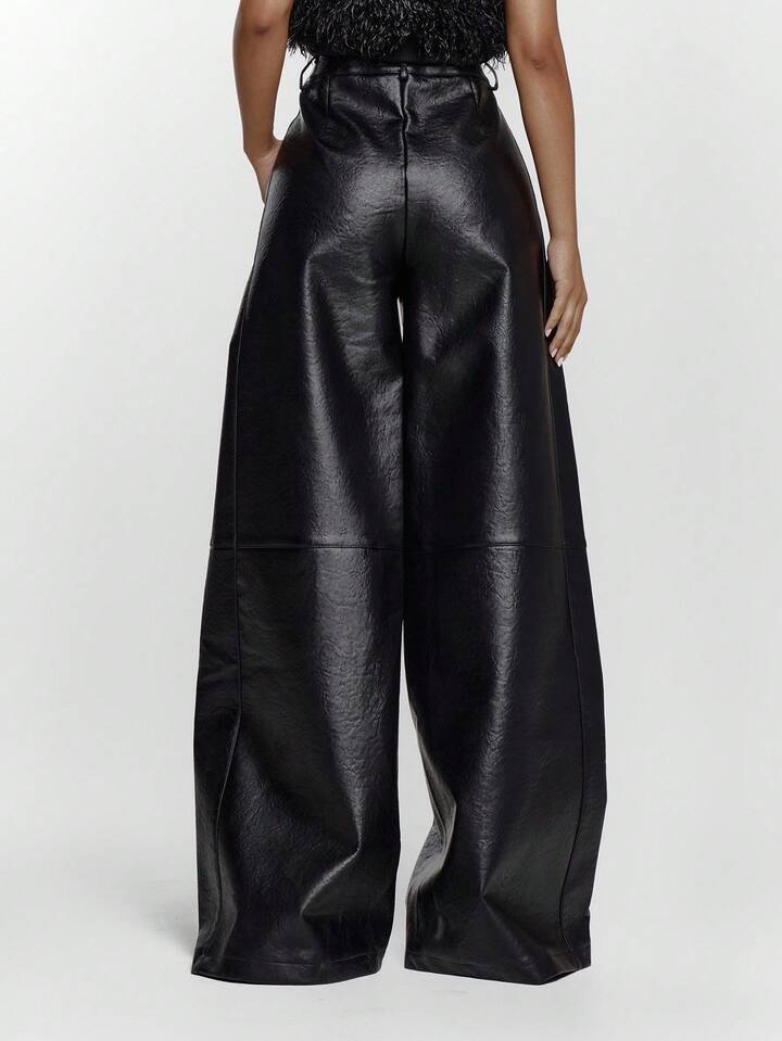 CM-BS001657 Women Elegant Seoul Style Faux Leather Wide Leg Mid Waist Trouser - Black