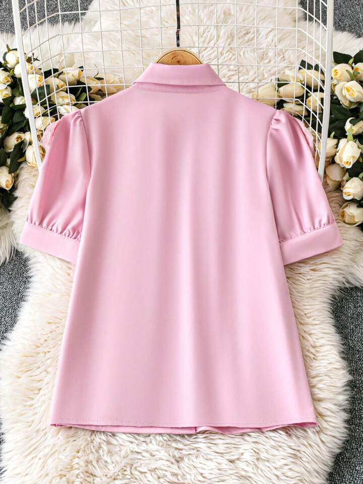 CM-TS134581 Women Casual Seoul Style Collar Neckline 3D Floral Puff Half Sleeve Blouse - Pink