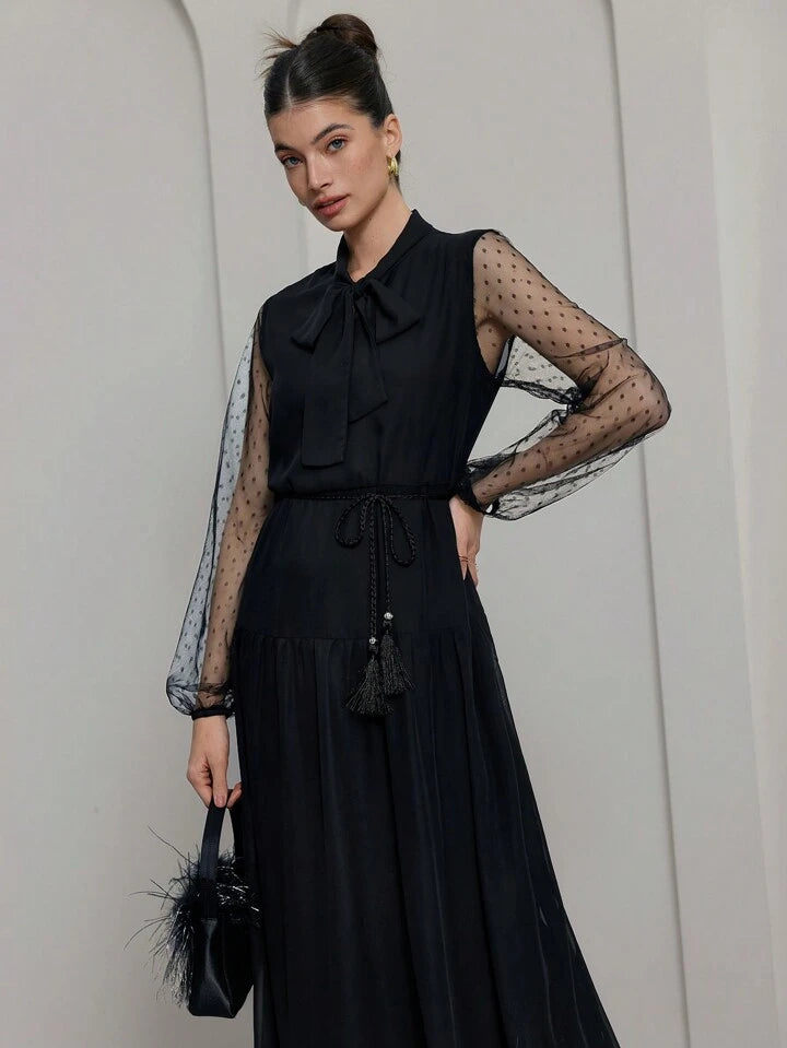CM-DS100052 Women Elegant Seoul Style Patchwork Polka Dot Mesh Tassel Decor Bow Tie Detail Long Dress