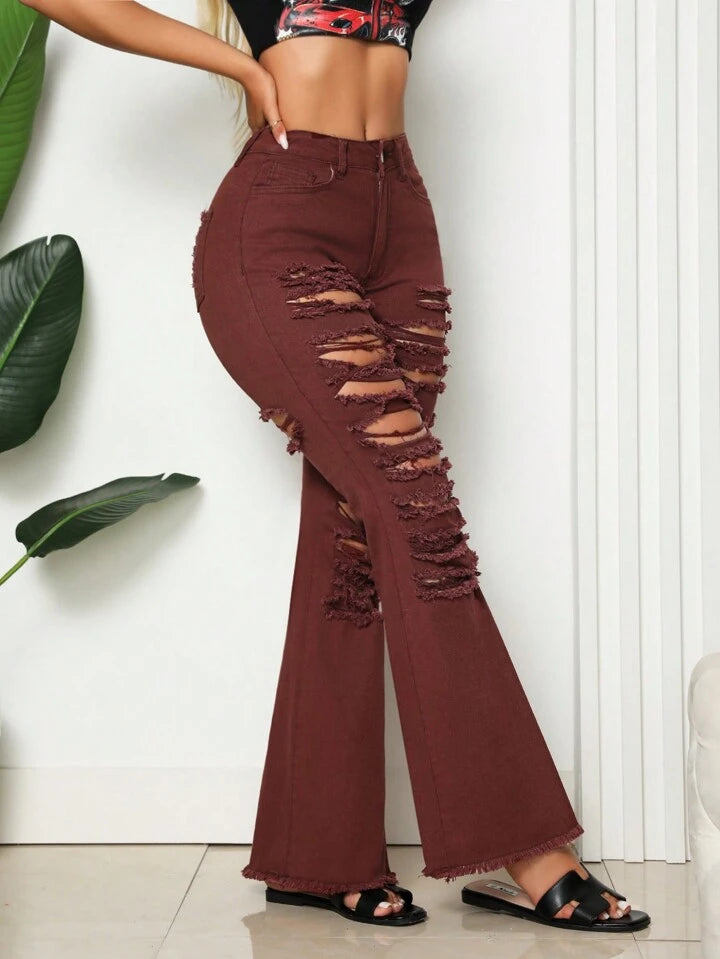 CM-BS567564 Women Casual Seoul Style Pocket Distressed Skinny Flared Jeans - Burgundy