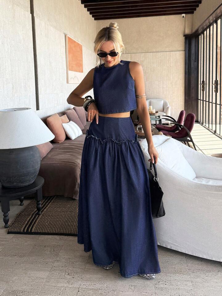 CM-SS155777 Women Casual Seoul Style Dark Wash Sleeveless Denim Vest Top With Flared Long Skirt - Set