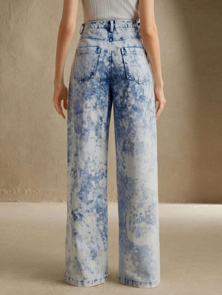CM-BS002282 Women Elegant Seoul Style Light Wash Mid Waist Batik Tie-Dye Straight Leg Pants