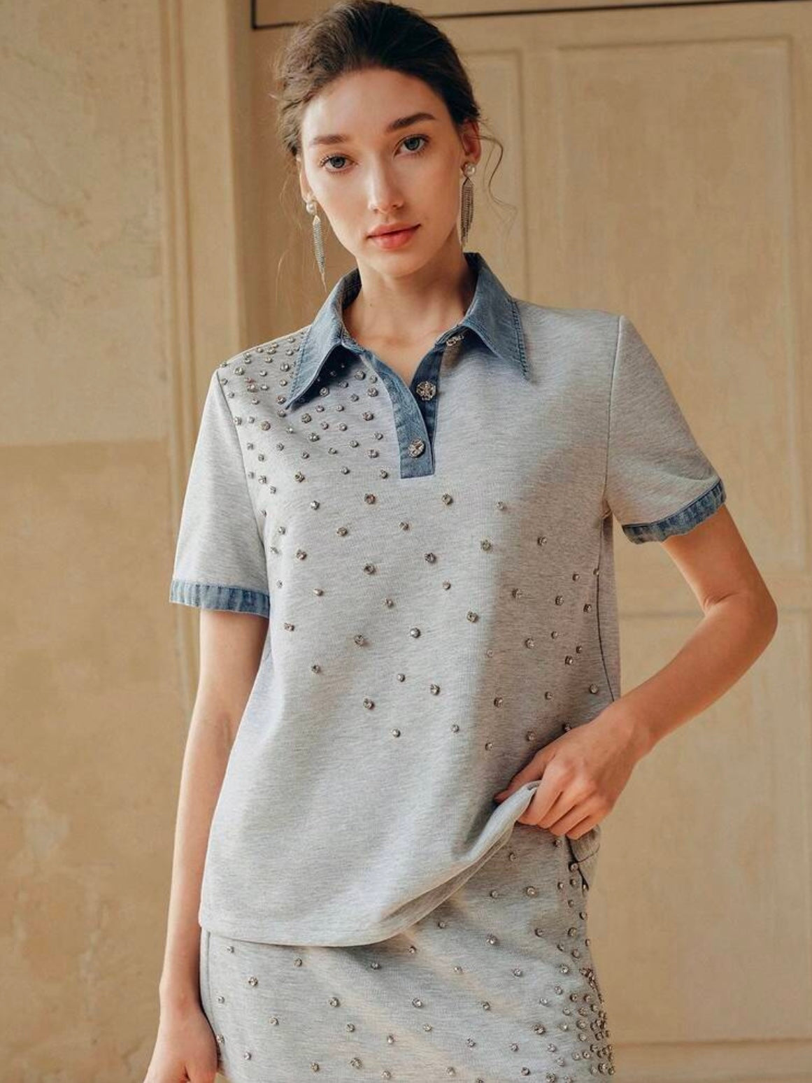CM-TS782655 Women Casual Seoul Style Collar Neckline Color-Blocking Short Sleeve Denim T-Shirt - Light Gray