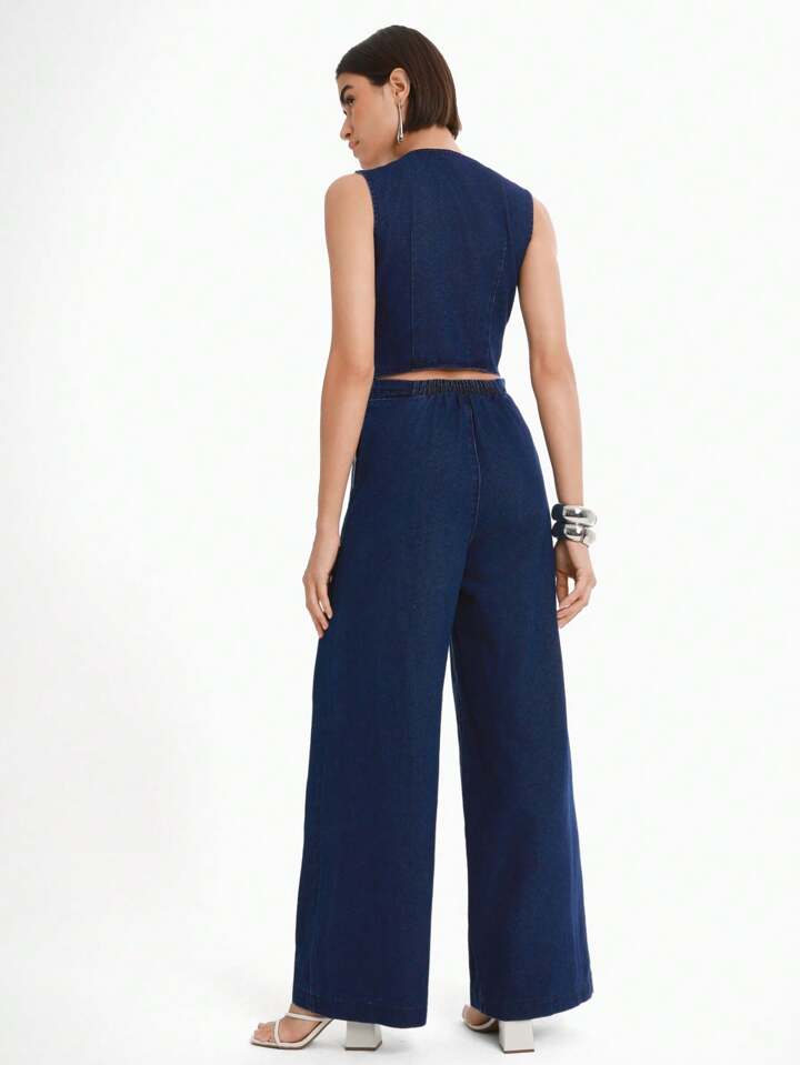 CM-JS313109 Women Casual Seoul Style Dark Wash V-Neck Sleeveless Pocketed Pleated Extra Long Denim Jumpsuit