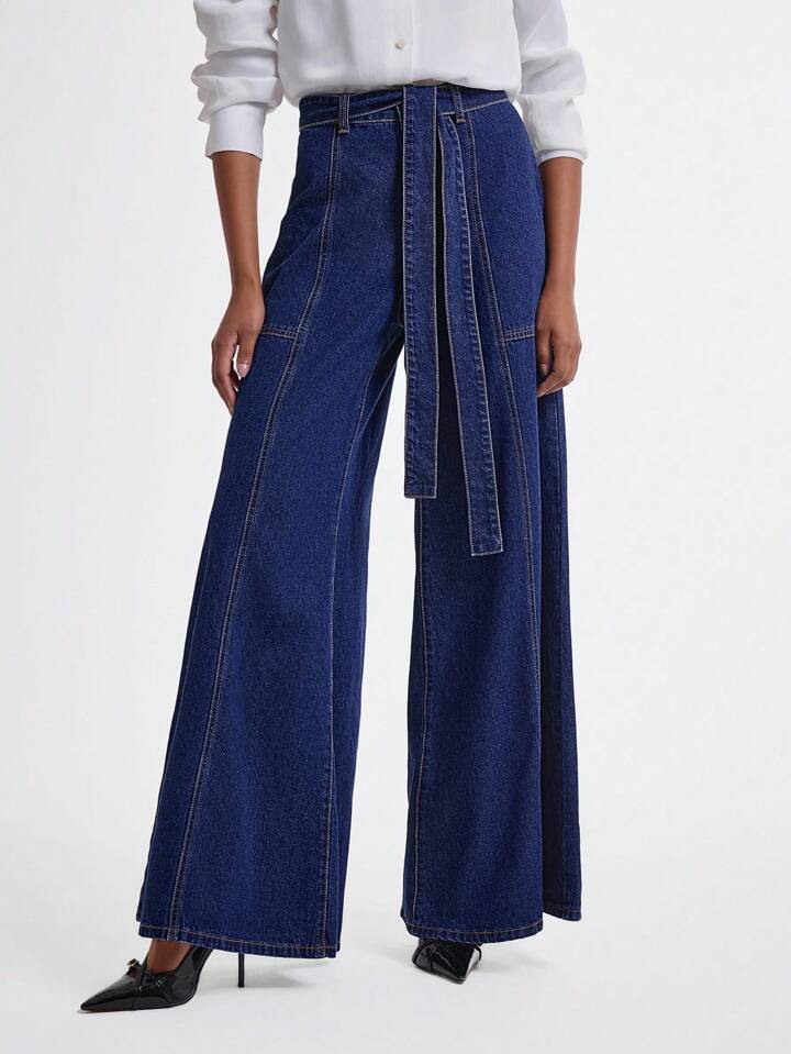 CM-BS001911 Women Casual Seoul Style Dark Wash Knotted Waist Loose Fit Bell Bottom Jeans