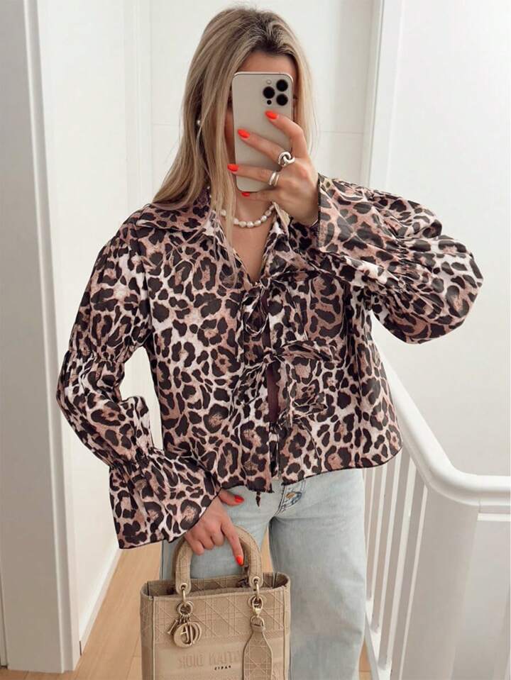 CM-TS060543 Women Casual Seoul Style Textured Pattern Bow Belt Lantern Sleeve Shirt