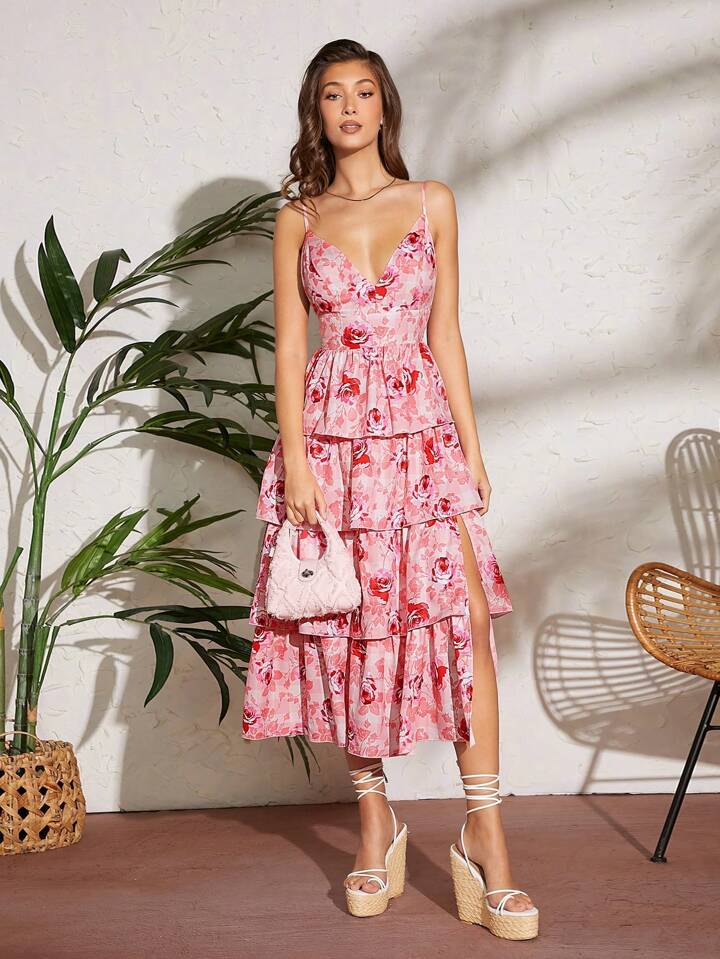 CM-DS071709 Women Elegant Seoul Style Floral Layered Ruffle Split High Waist Dress