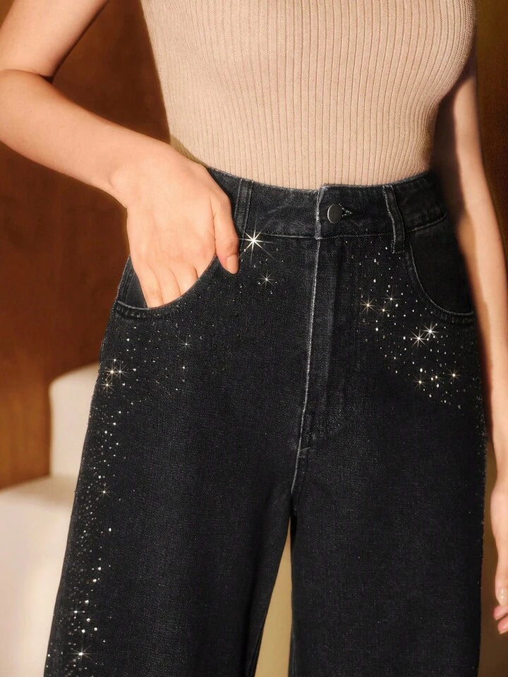 CM-BS901349 Women Elegant Seoul Style Mid Waist Rhinestone Embellished Straight Leg Jeans - Black