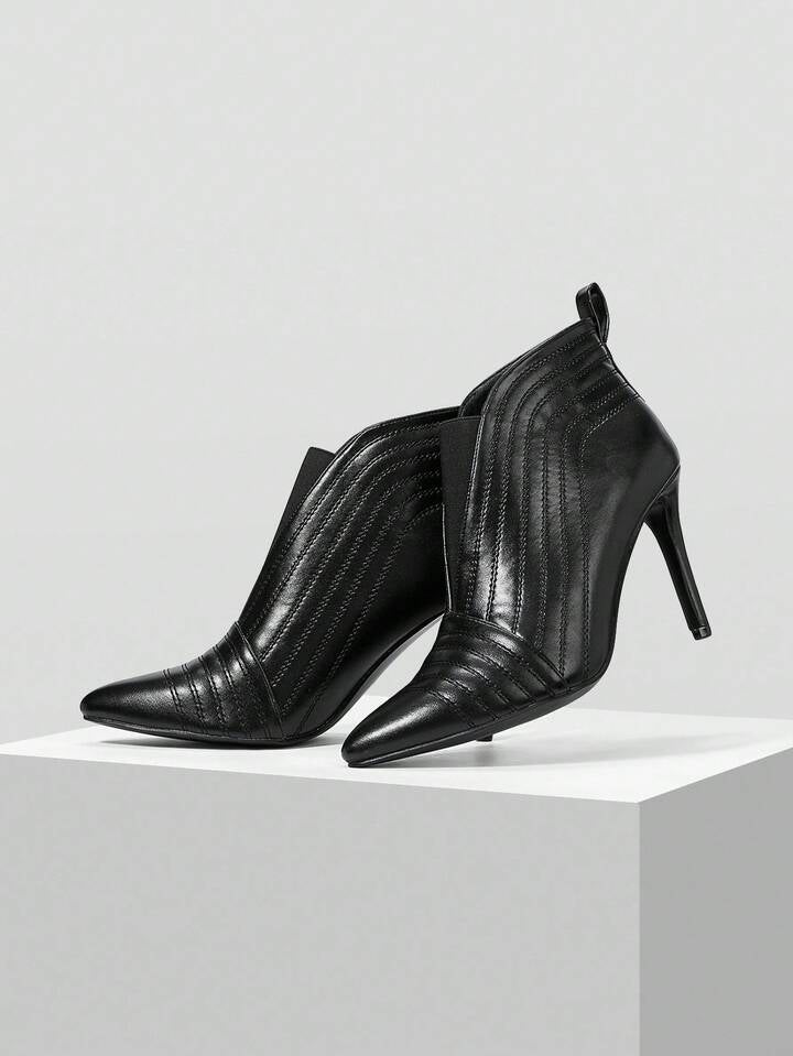 CM-SHS066669 Women Trendy Seoul Style Quilted Line Pointed Toe High Heel Ankle Boots - Black