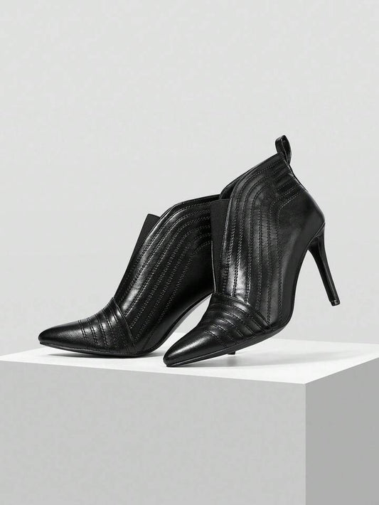 CM-SHS066669 Women Trendy Seoul Style Quilted Line Pointed Toe High Heel Ankle Boots - Black