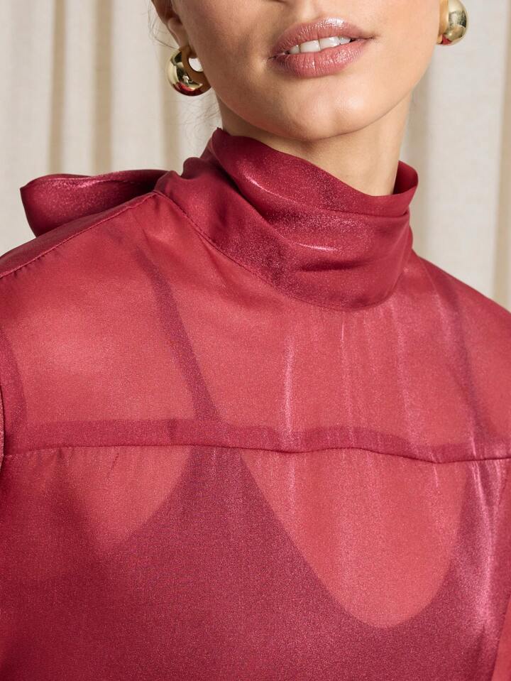 CM-TS814699 Women Elegant Seoul Style Neck Tie Flared Long Sleeve Sheer Ruffle Blouse - Red