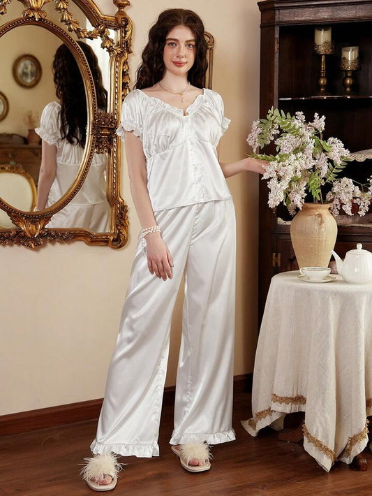 CM-LS169596 Women Trendy Seoul Style V-Neck Ruffle Petal Sleeve Pajama Set - White