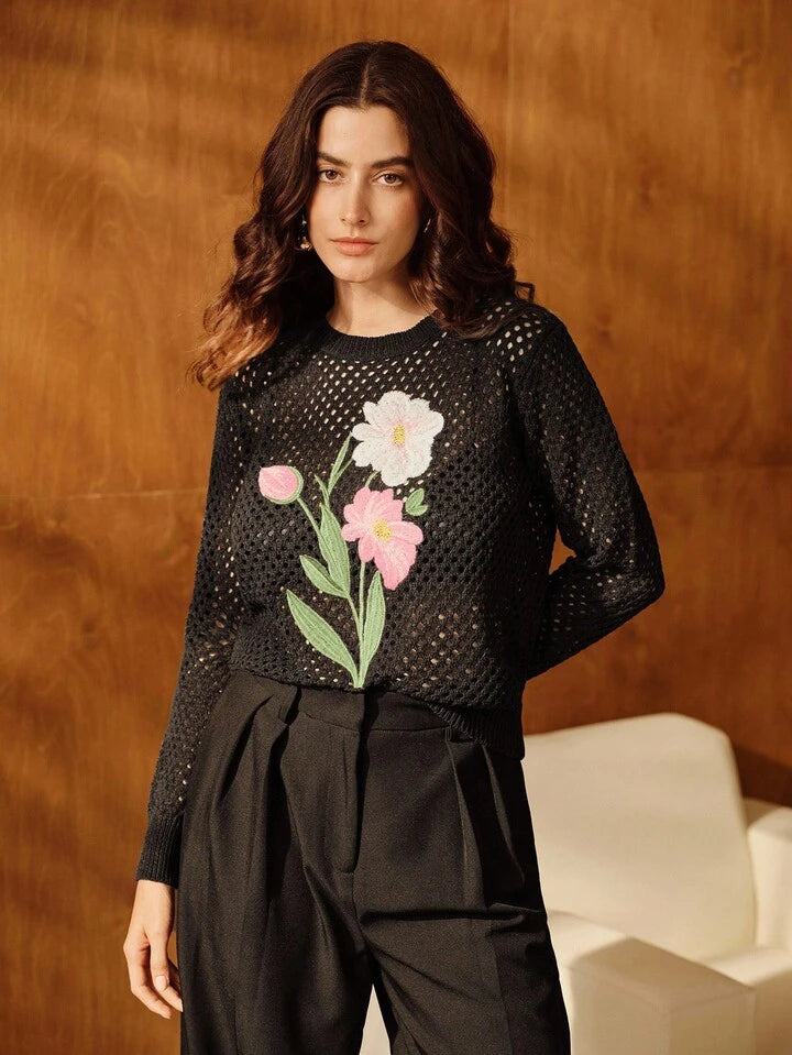 CM-CS369333 Women Elegant Seoul Style Floral Embroidery Hollow Out Crew Neck Long Sleeve Sweater - Black