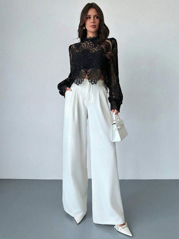 CM-TS794260 Women Elegant Seoul Style Mandarin Collar Lace Sheer Lantern Sleeve Blouse - Black