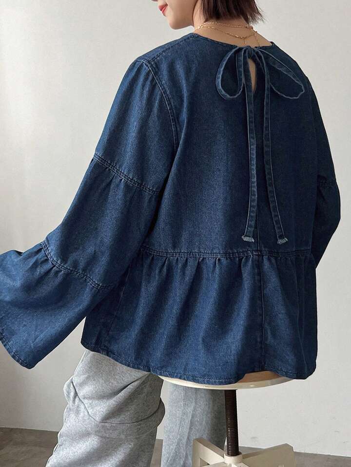 CM-TS499637 Women Casual Seoul Style Solid Color Ruffled Hem Crew Neck Denim Pleated Blouse - Blue