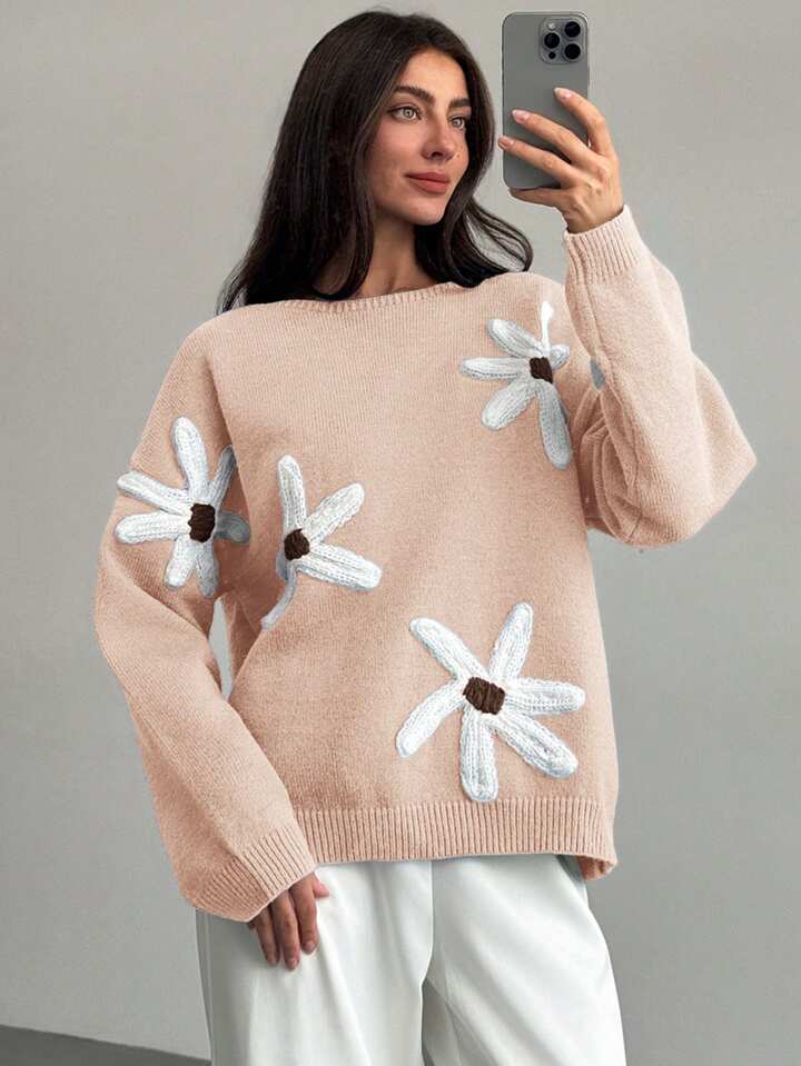 CM-CS463499 Women Casual Seoul Style 3D Floral Decoration Loose Fit Long Sleeve Sweater - Apricot