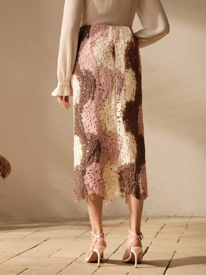 CM-BS058071 Women Elegant Seoul Style Contrast Color Hollow Embroidered Asymmetrical Skirt