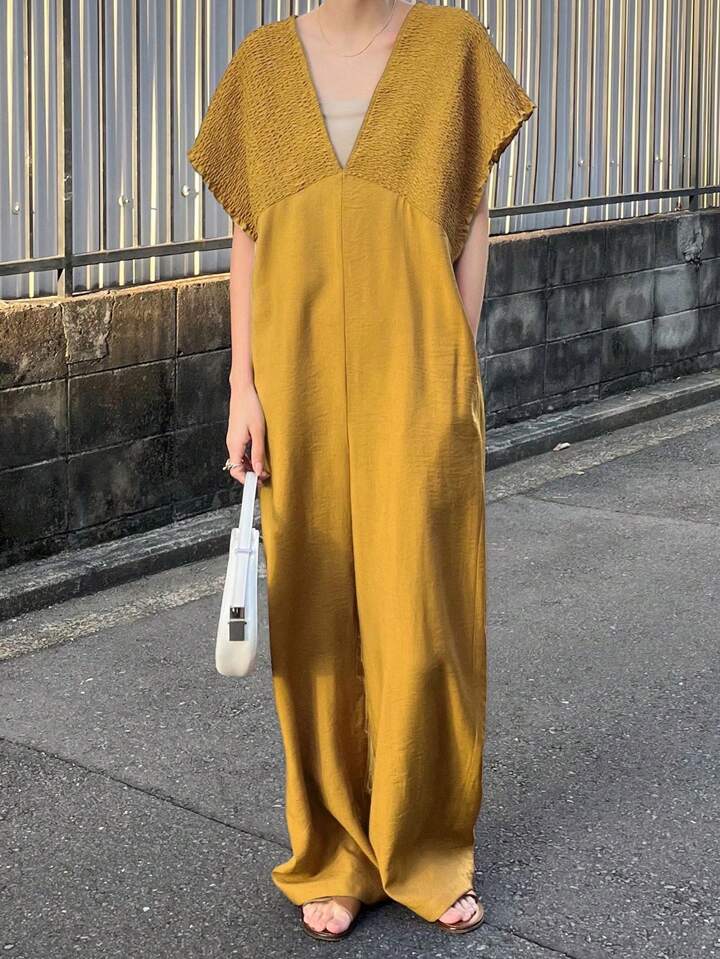 CM-JS619411 Women Trendy Bohemian Style V-Neck With Drawstring Jumpsuit Trousers - Yellow