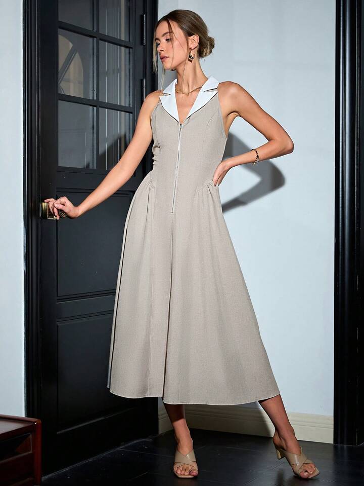 CM-DS641699 Women Elegant Seoul Style Contrast Lapel Collar Zipper Sleeveless Midi Dress - Apricot