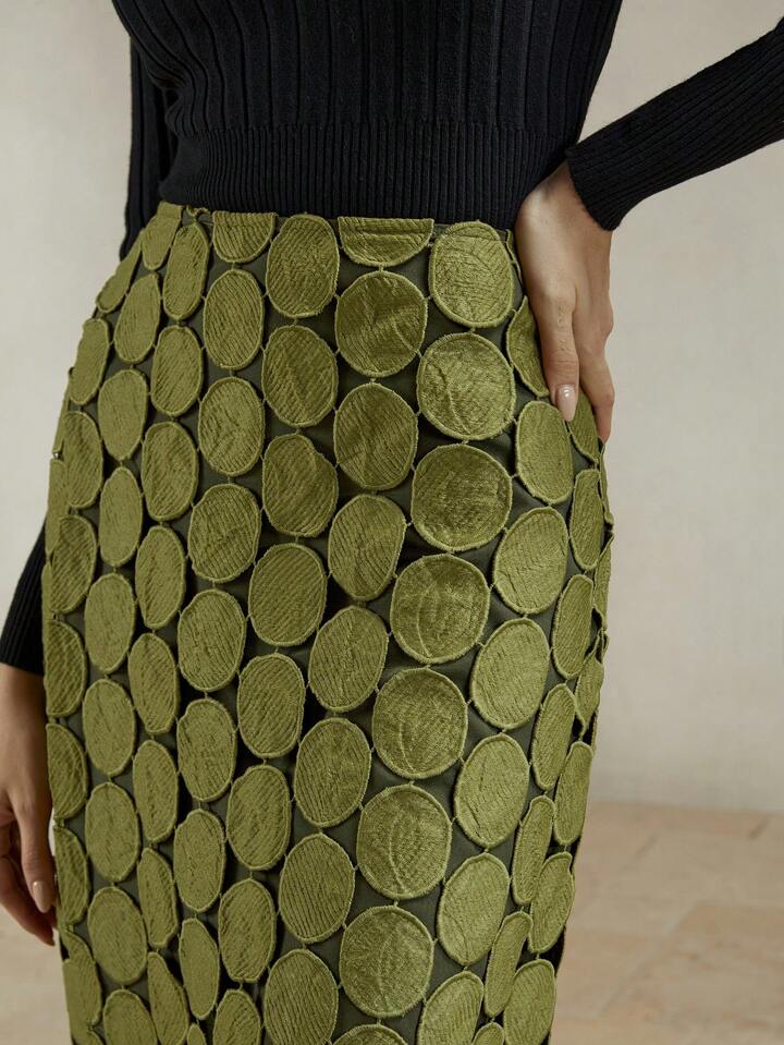 CM-BS505600 Women Trendy Bohemian Style Laser Cut Multi Circle Double Layered Maxi Skirt - Olive Green