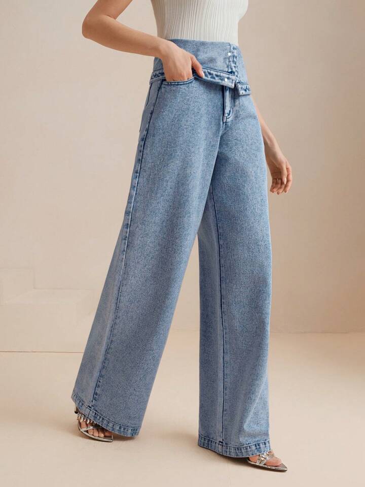 CM-BS088881 Women Casual Seoul Style High Waist Sophisticated Pleated Wide Leg Jeans - Blue