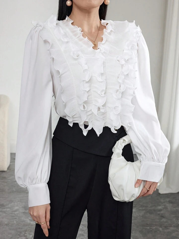 CM-TS600109 Women Elegant Seoul Style V-Neck Loose Fit Long Sleeve Frill Trim Blouse - White