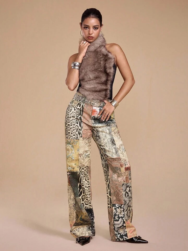 CM-BS879937 Women Casual Seoul Style Hippie Pattern Slim Straight Leg Ultra Low Waist Jeans