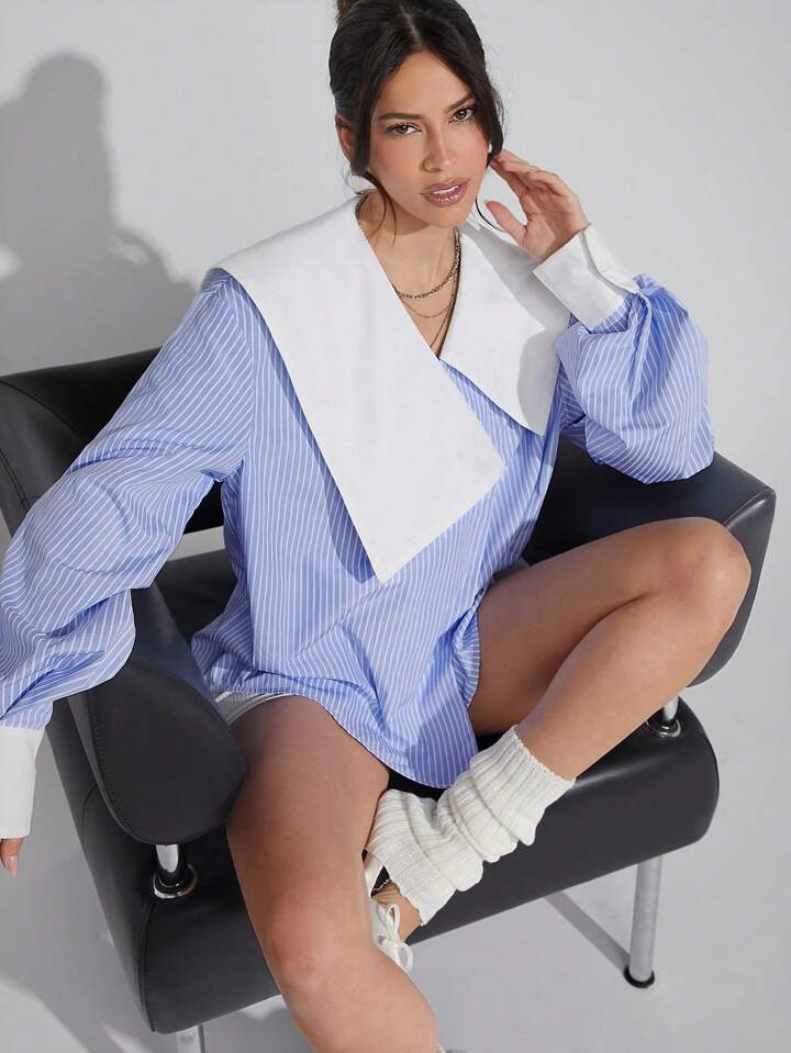 CM-TS691243 Women Casual Seoul Style Asymmetrical Collared Bishop Sleeve Ciolorblock Blouse
