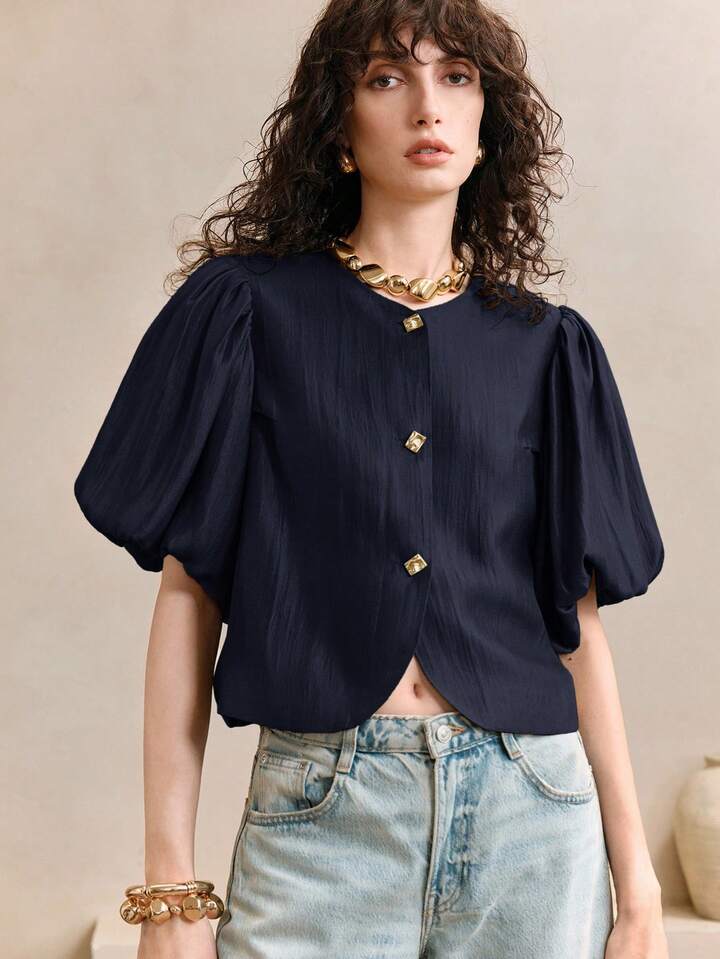 CM-TS037439 Women Elegant Seoul Style Satin Round Neck Puff Sleeve Golden Metal Button Decor Blouse - Navy Blue