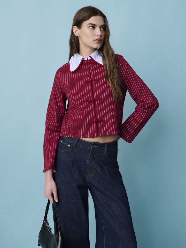 CM-CS486945 Women Casual Seoul Style Chinese Style Knotted Buttons Striped Long-Sleeve Fitted Jacket - Red