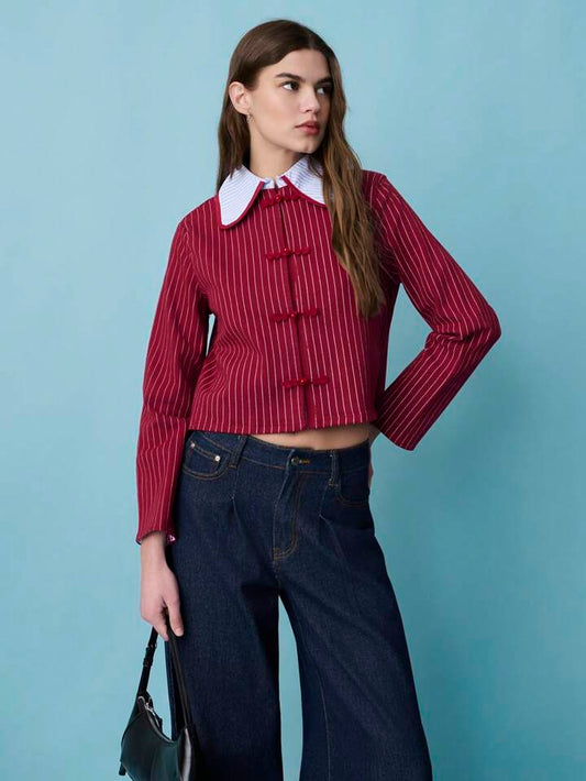 CM-CS486945 Women Casual Seoul Style Chinese Style Knotted Buttons Striped Long-Sleeve Fitted Jacket - Red