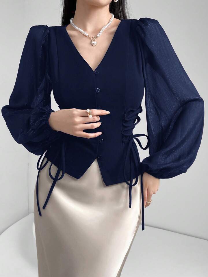 CM-TS858875 Women Elegant Seoul Style Sheer V-Neck Puff Lantern Sleeves Lace-Up Detail Blouse - Navy Blue