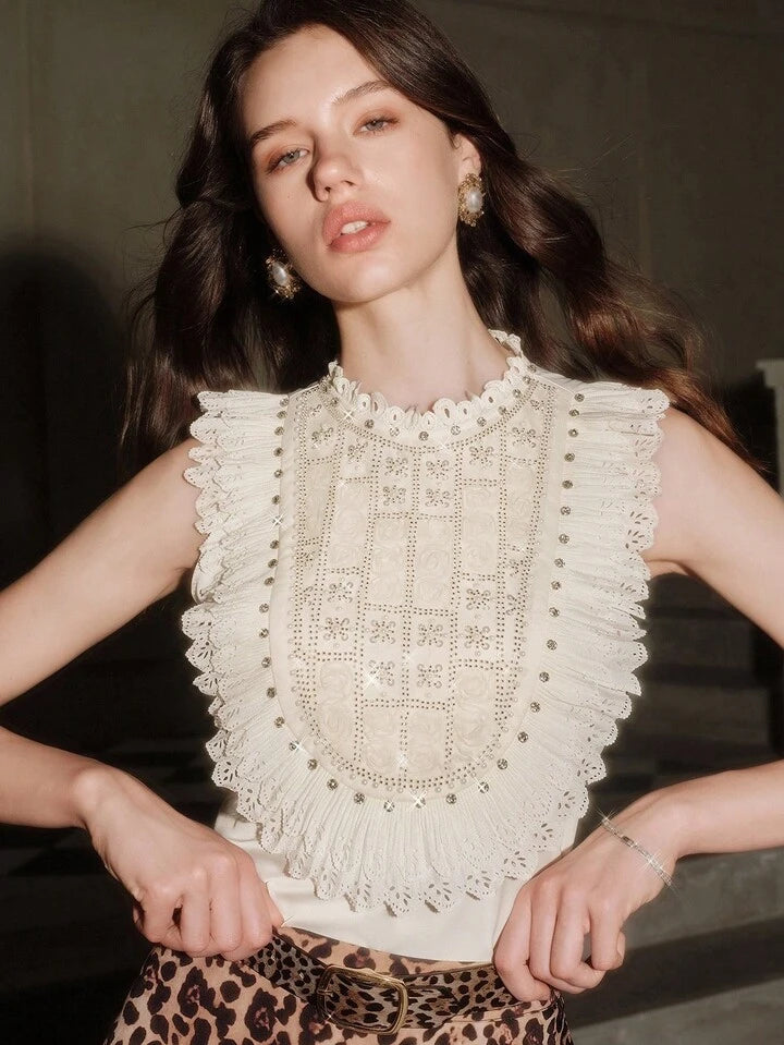 CM-TS126233 Women Elegant Seoul Style Beaded Contrast Lace Stand Collar Sleeveless Blouse - Apricot