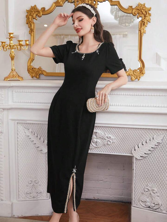CM-DS428675 Women Elegant Seoul Style Short Puff Sleeve Slit Hem Dress - Black