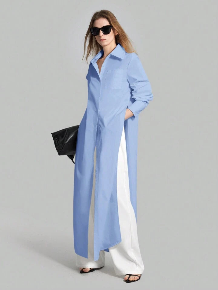 CM-TS815753 Women Casual Seoul Style Shirt Collar Long Sleeve Front Button High Slit Long Shirt - Blue