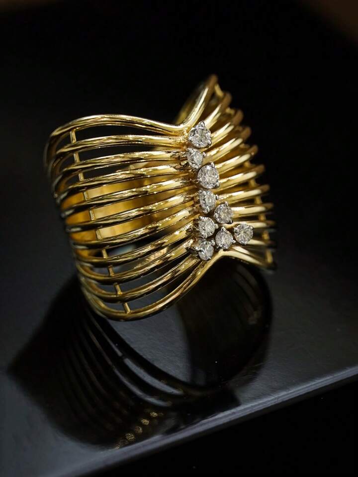 CM-AR947767 925 Sterling Silver Hollow Craft Wide Band Wave Line Minimalist Ring - Gold