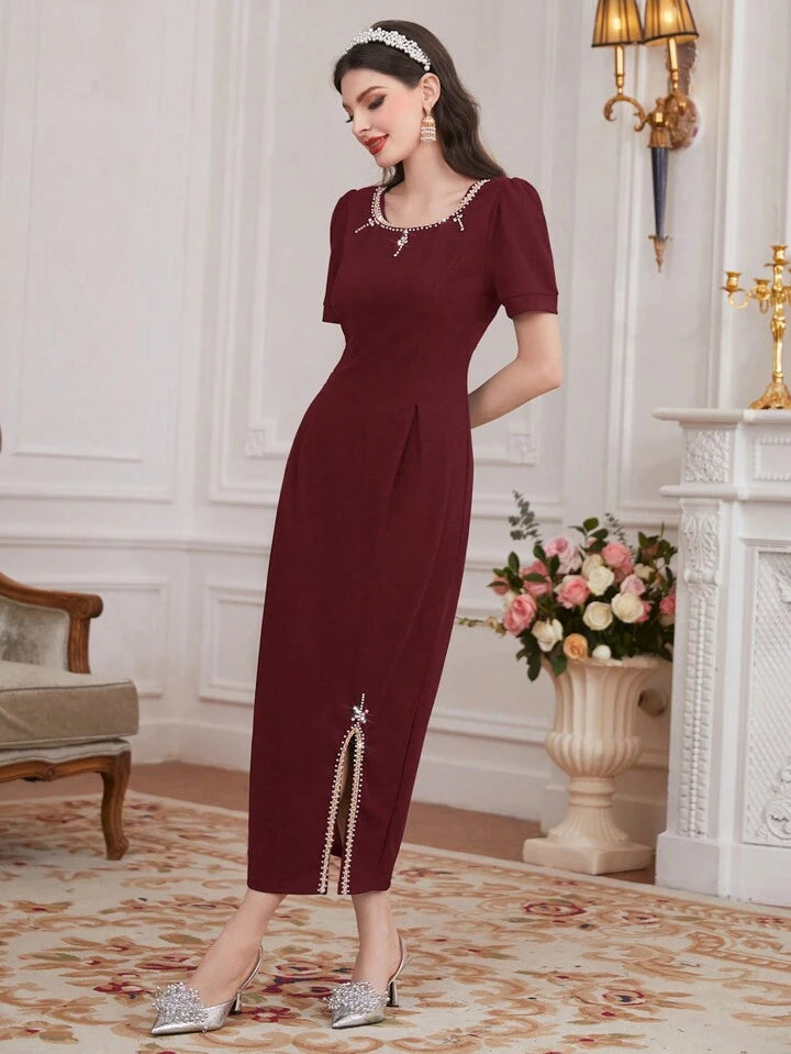 CM-DS510354 Women Elegant Seoul Style Rhinestone Stud Embellished Split Hem Maxi Dress